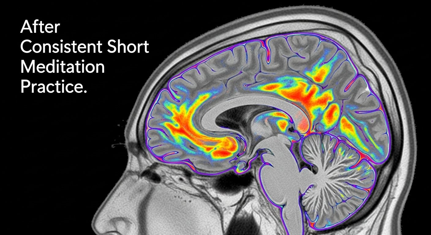 Split brain comparison showing chaotic cluttered mind versus calm clear brain with glowing neural pathways from meditation