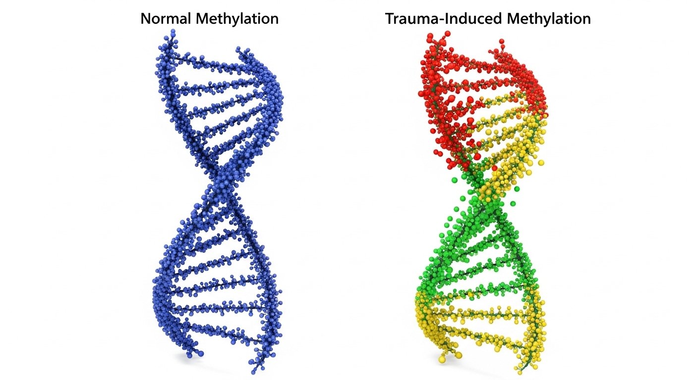 DNA strands comparison showing normal methylation patterns versus trauma-induced epigenetic changes