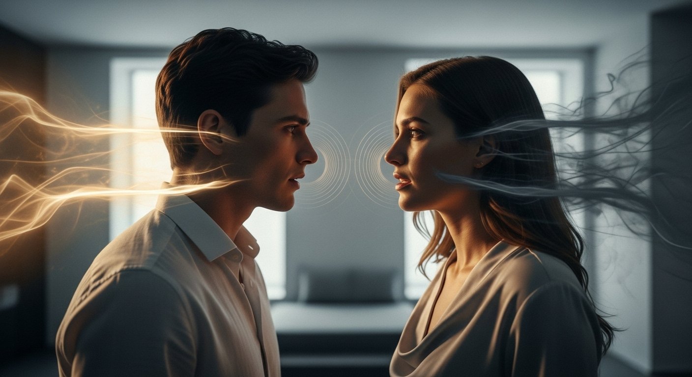 Couple in tense conversation with energetic auras showing one person deflecting negative energy with brighter vibration