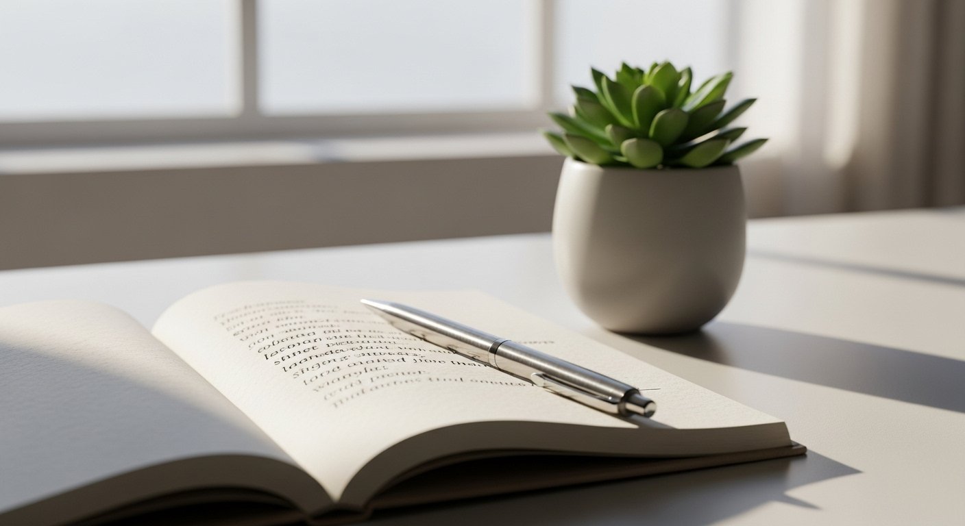 Open journal with handwritten affirmations and pen next to calming plant for cord cutting practice