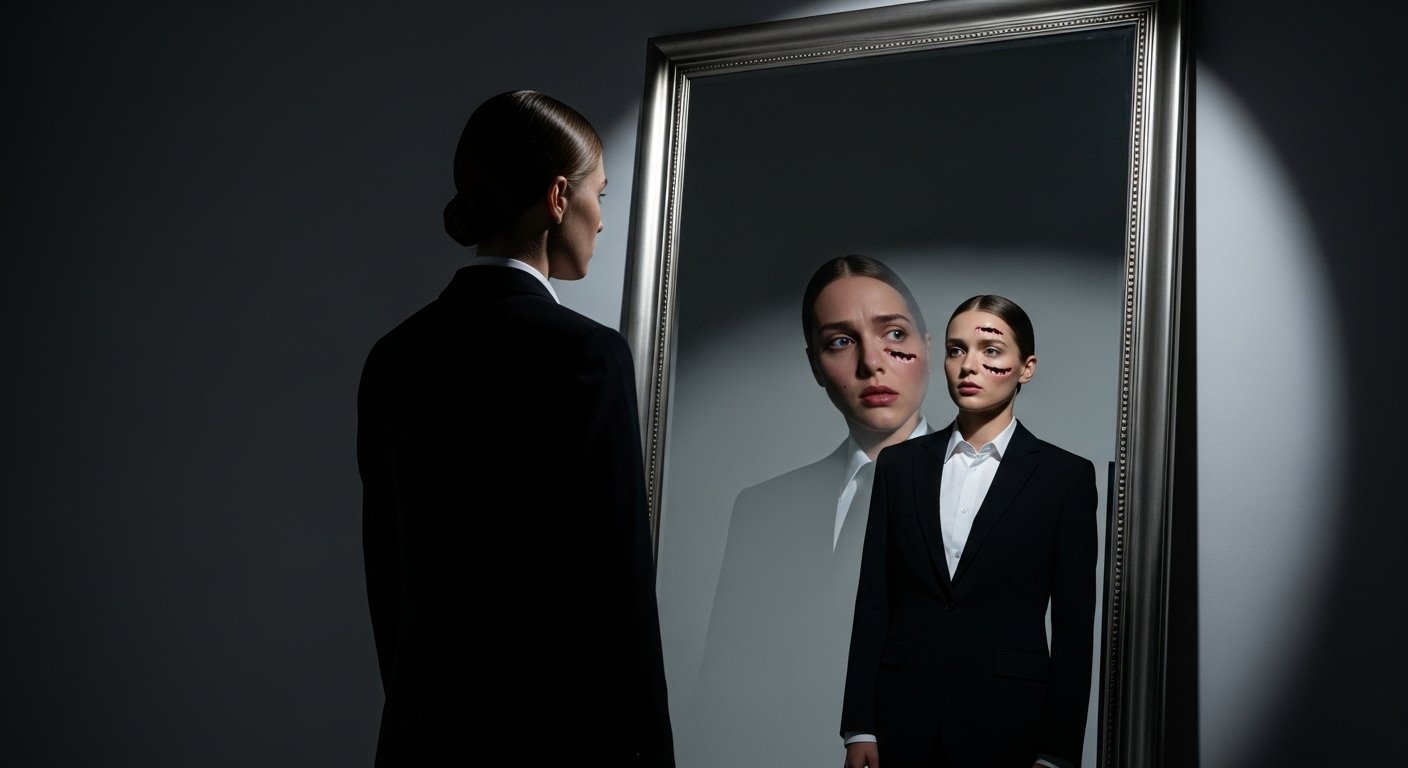 Person before distorted mirror showing psychological projection and hidden shadow traits