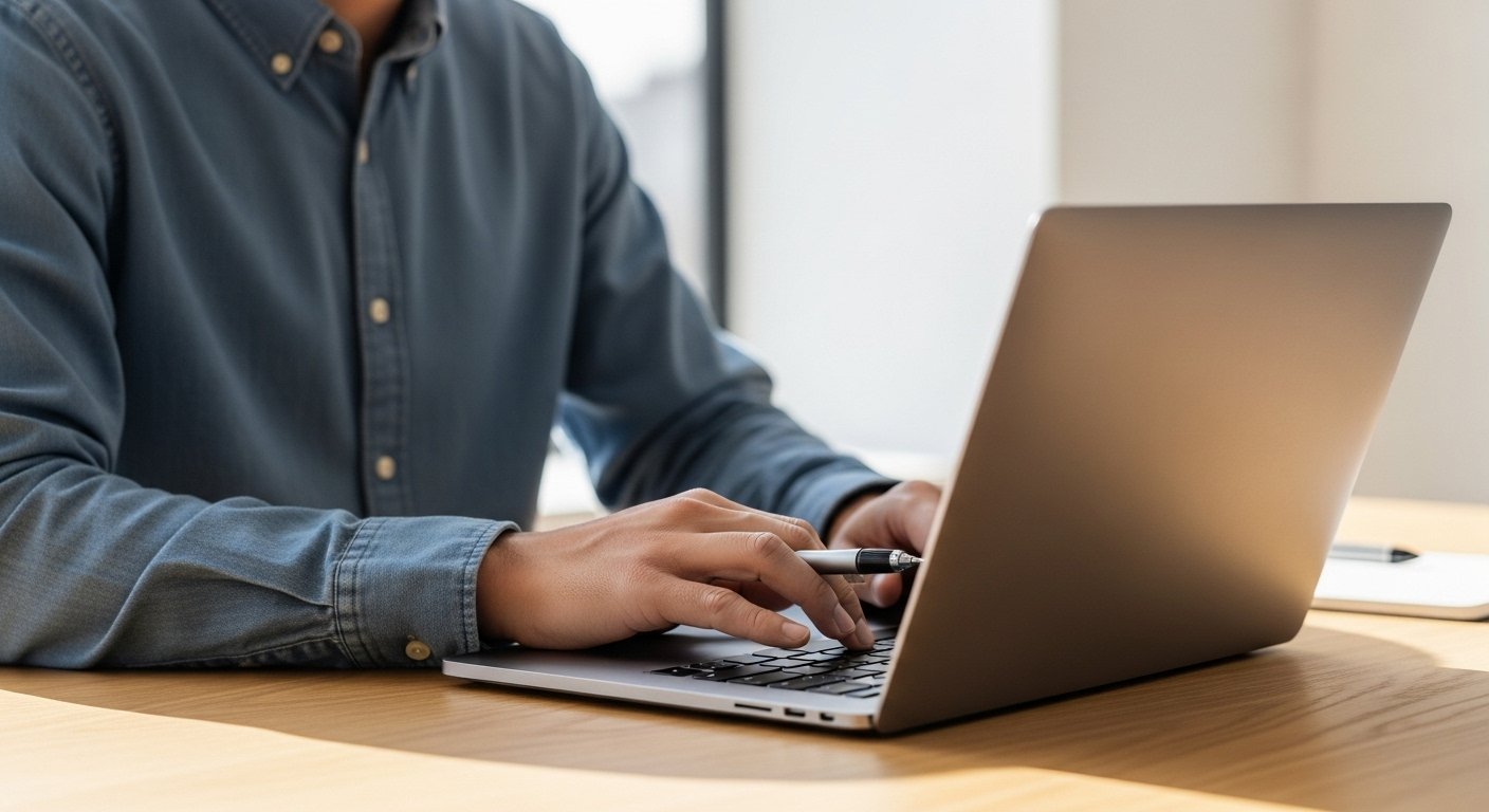 Person working at clean desk with only laptop showing deep work and focus