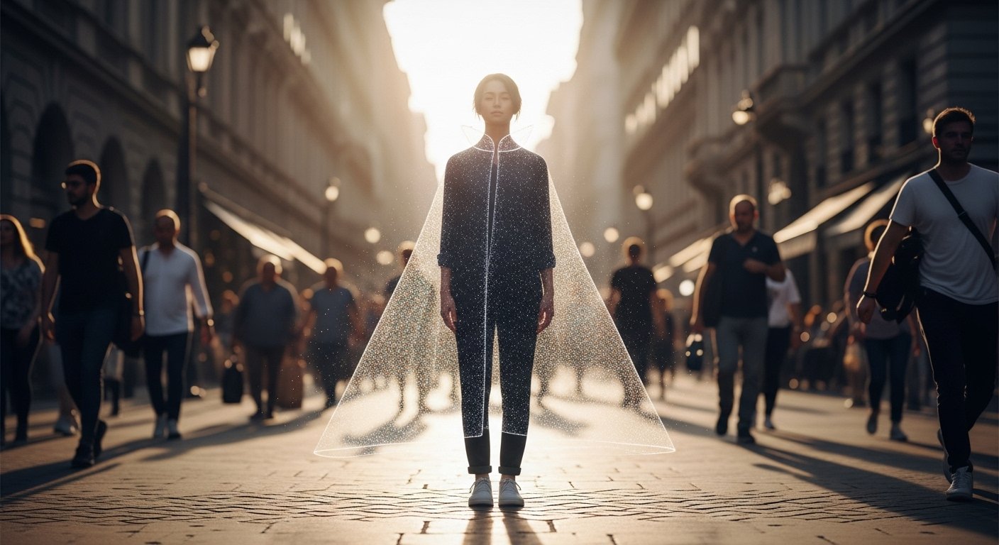 Person in crowded environment with shimmering energetic cloak staying calm and centered