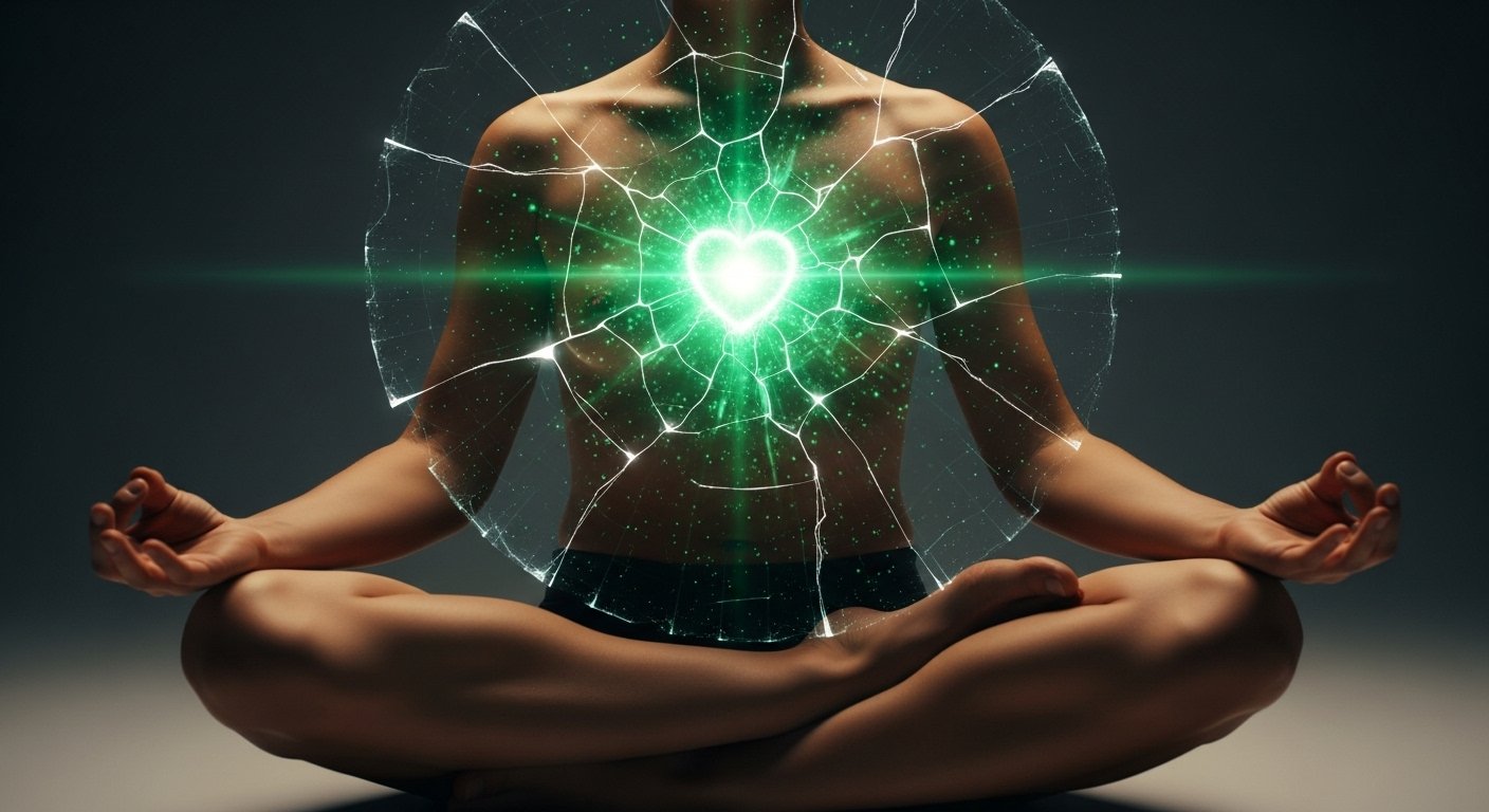 Person meditating with glowing green heart chakra showing cracks in emotional walls and healing