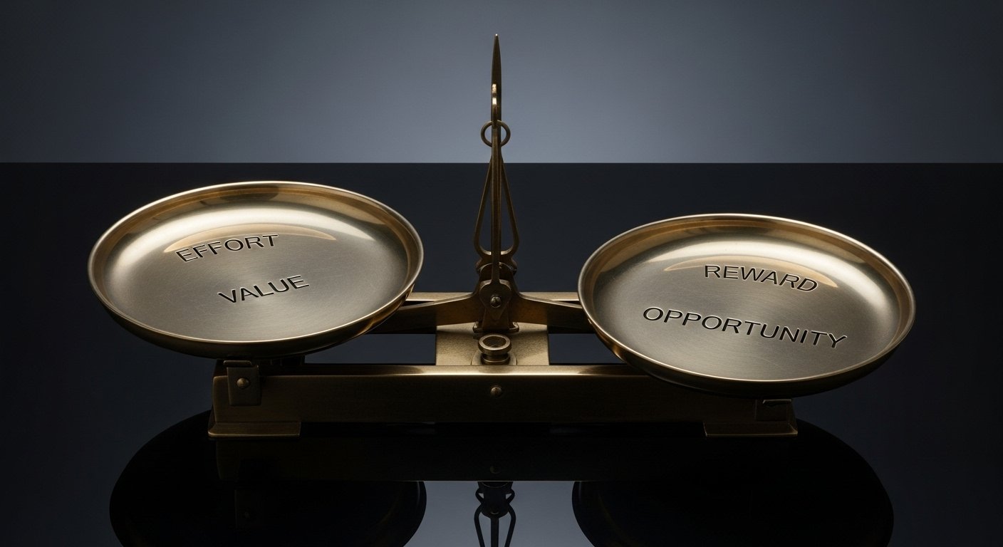 Balanced scale showing effort and value equal to reward and opportunity