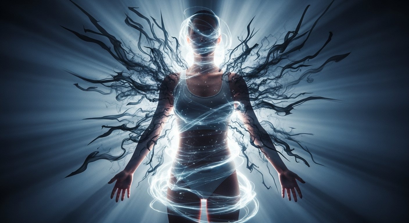 Person surrounded by glowing protective energy field repelling dark wispy forms