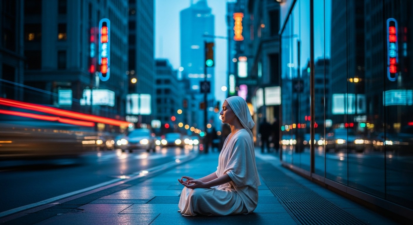 Split image showing mindful dishwashing and calm person on bus listening to uplifting audio
