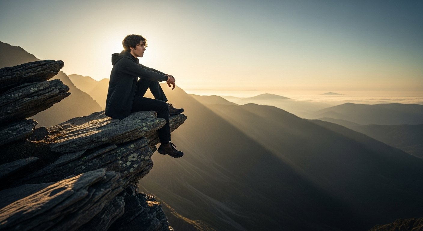 Person on cliff edge overlooking vast landscape showing letting go and embracing unknown future
