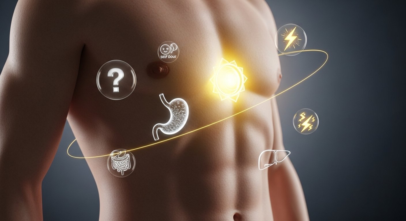 Seven chakras aligned on spine with solar plexus highlighted showing interconnected energy centers