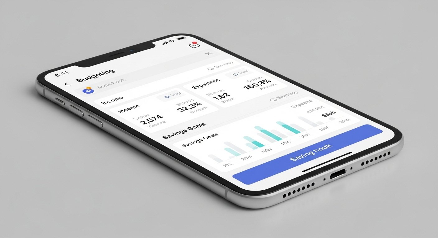 Budgeting app interface showing income expenses and savings goals for wealth building