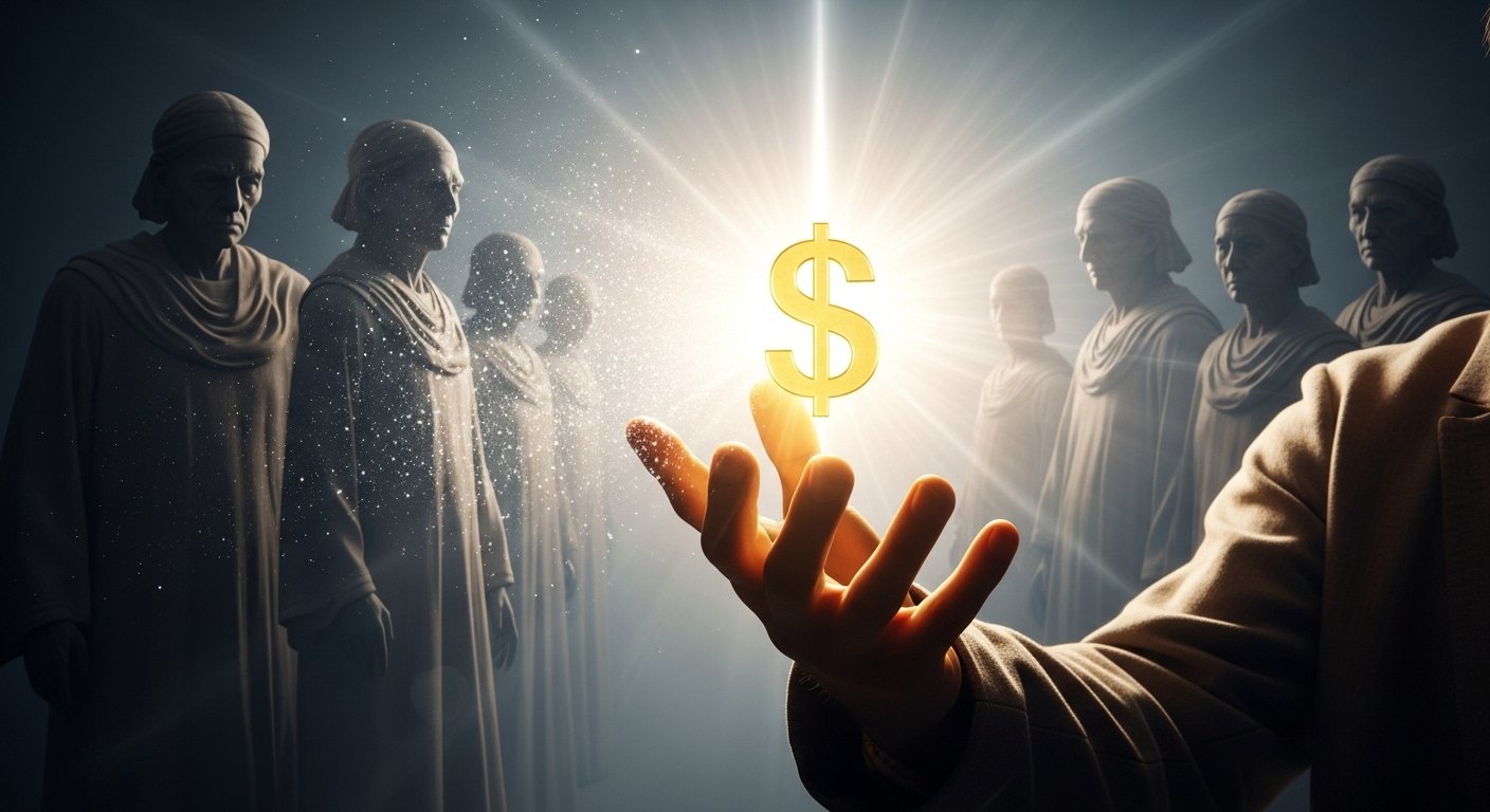 Ancestral silhouettes fading into light with person reaching for glowing money symbol