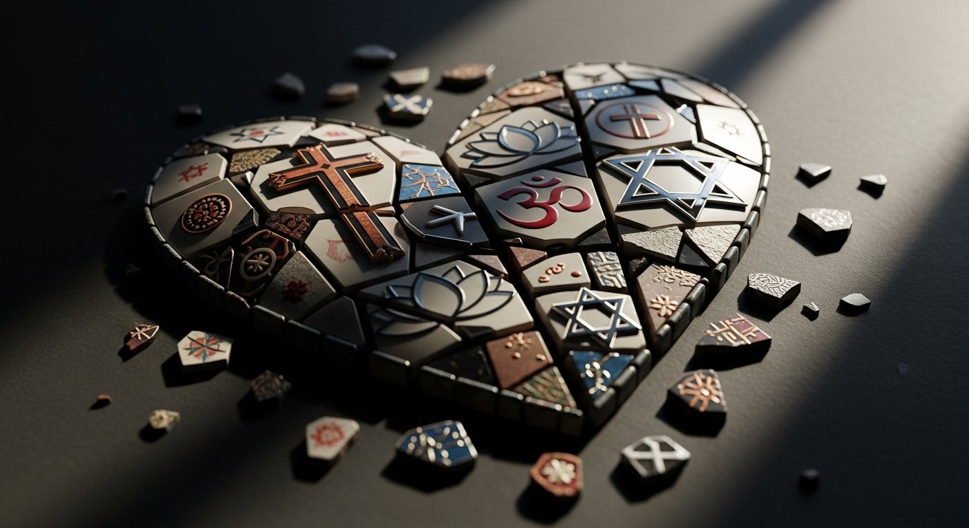 Broken mosaic heart with scattered spiritual symbols surrounded by shadows