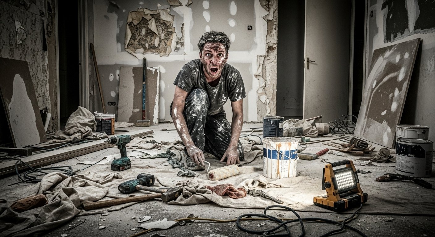 Professional contractor fixing failed DIY project showing relief and expert intervention