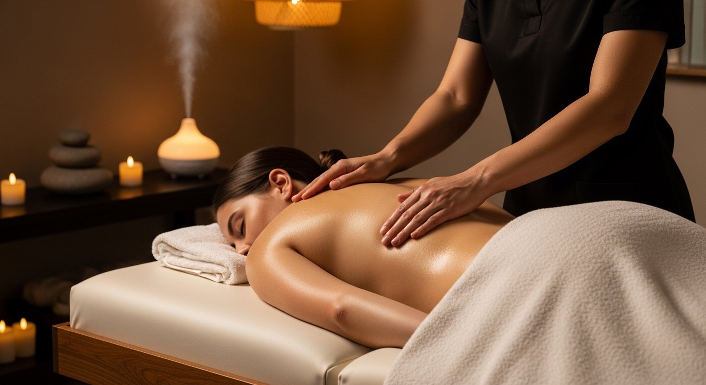 Professional therapist performing massage in serene spa showing expert ritual care