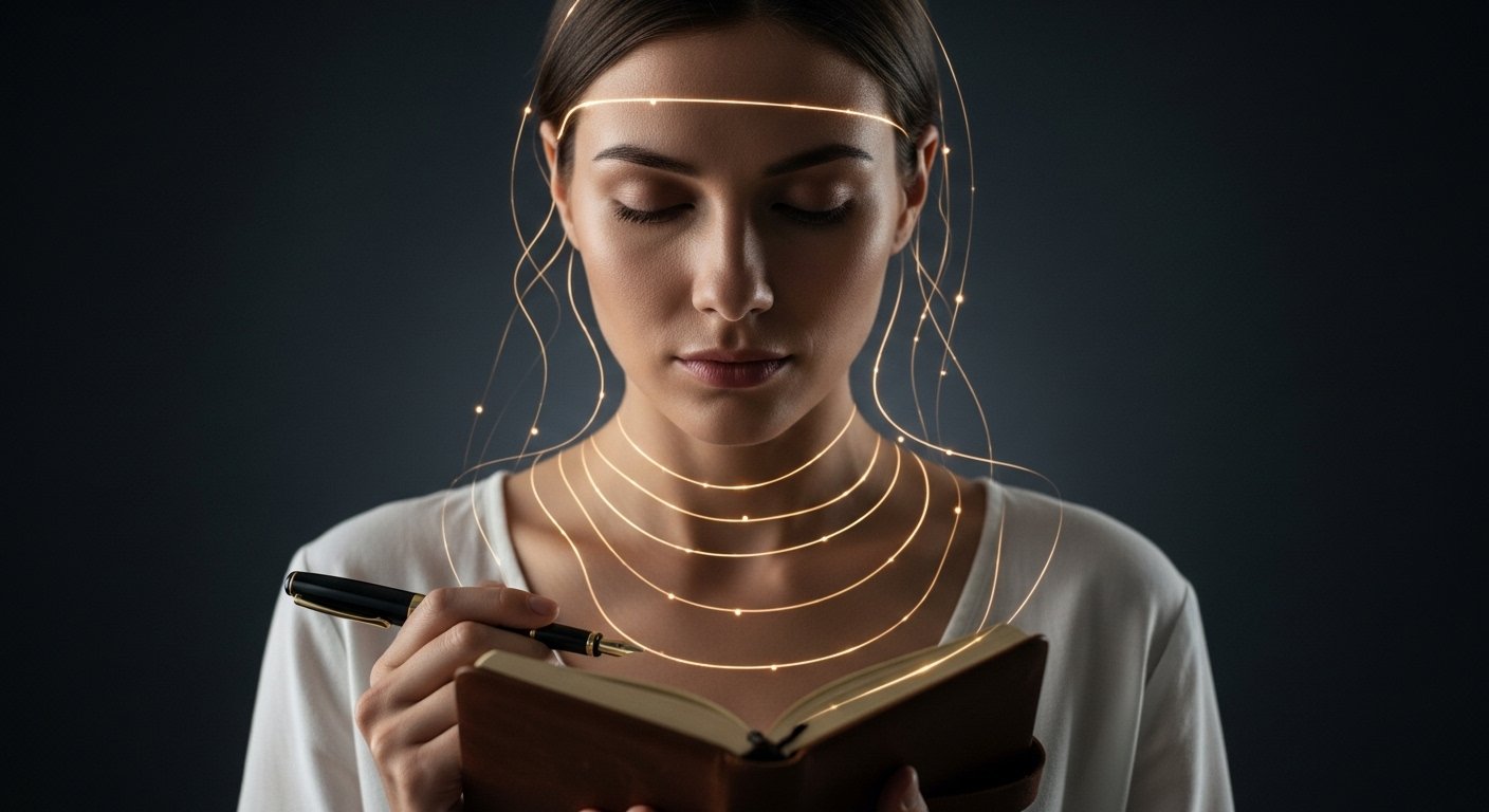 Person with journal and glowing lines connecting mind to body showing self-reflection