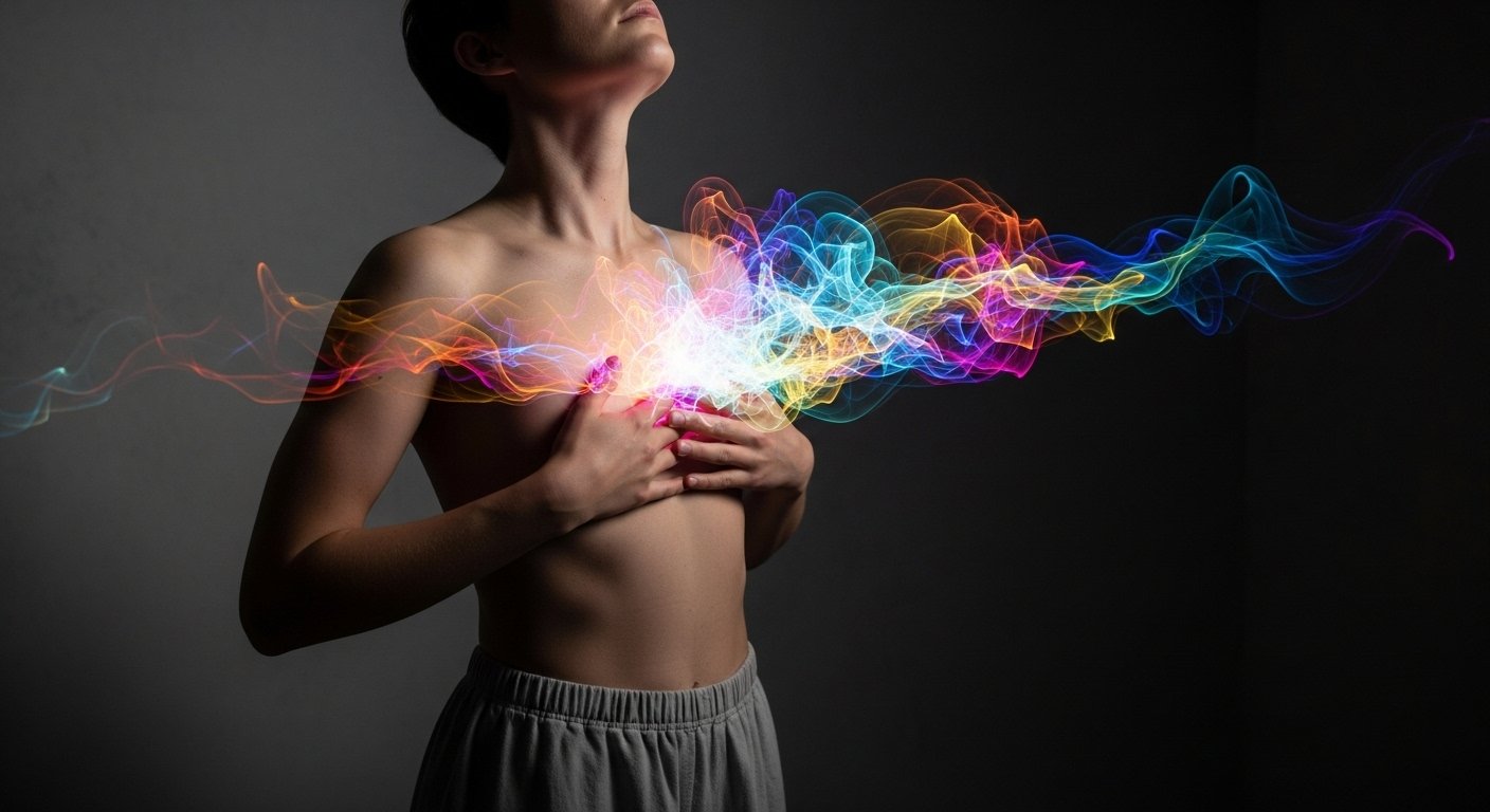 Body infographic showing emotional distress causing IBS hypertension and muscle tension