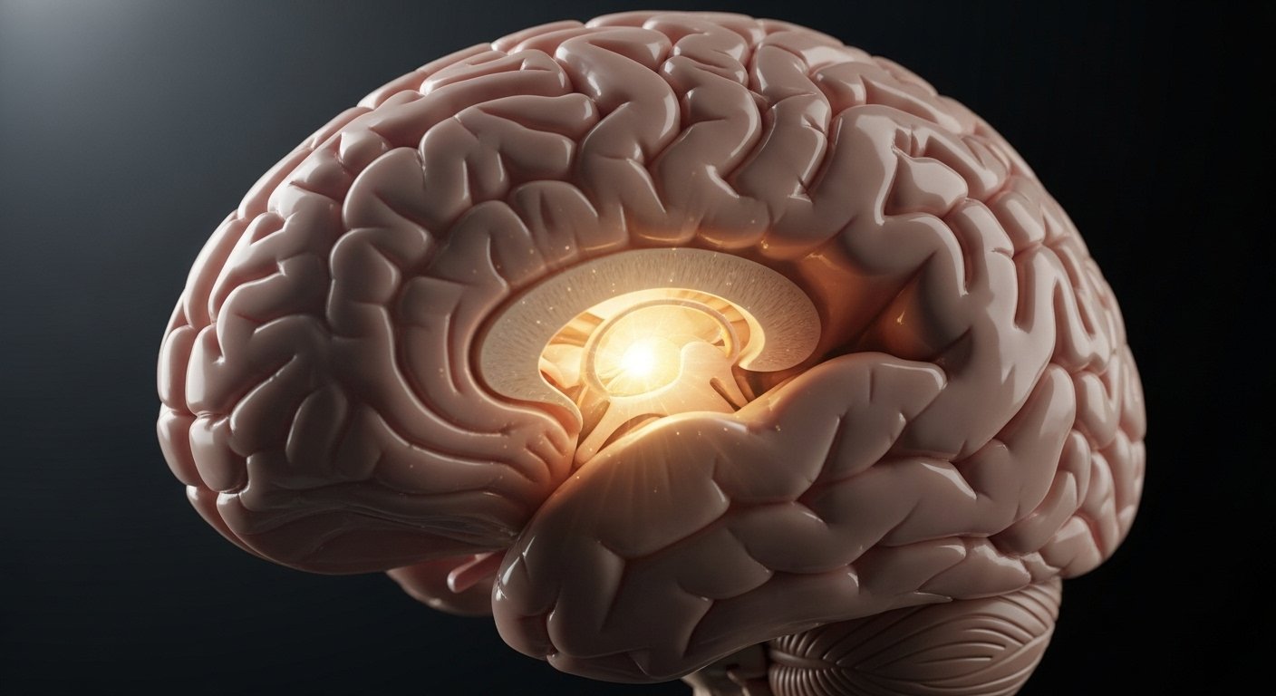 Brain anatomy diagram highlighting pineal gland with aura showing third eye spiritual connection