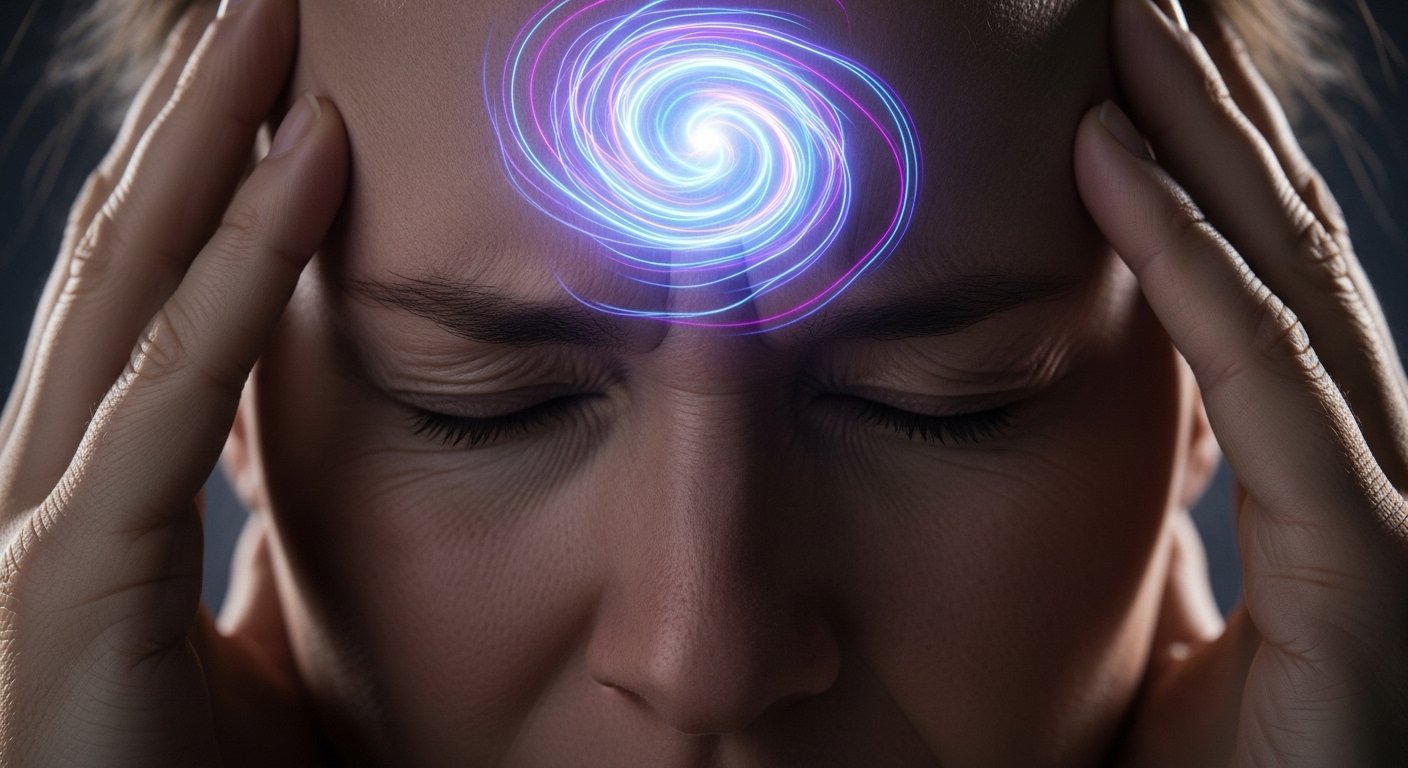 Stylized head with glowing third eye surrounded by ethereal spiritual energy