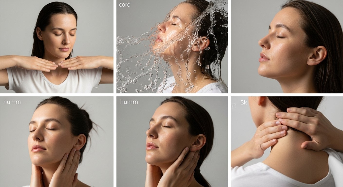 Sequence of vagus nerve hacks showing diaphragmatic breathing cold water humming and neck massage