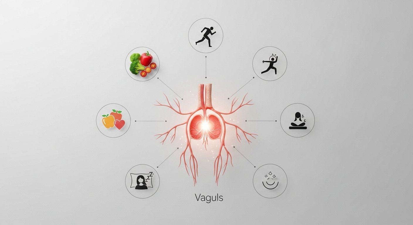 Vagus nerve diagram from brainstem to heart lungs and gut showing rest and digest versus fight or flight