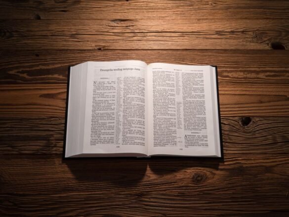 An open bible resting on a wooden table